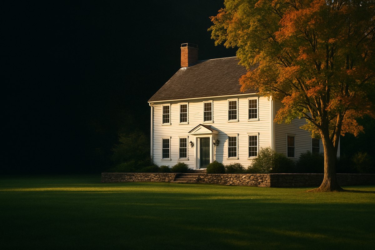 New England colonial estate home with stone walls and autumn maple trees