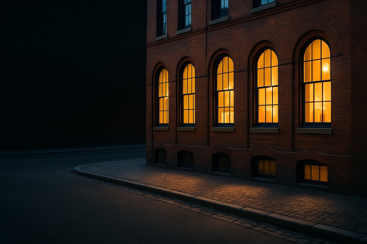 Red brick commercial building with arched windows on a Massachusetts city street at dusk