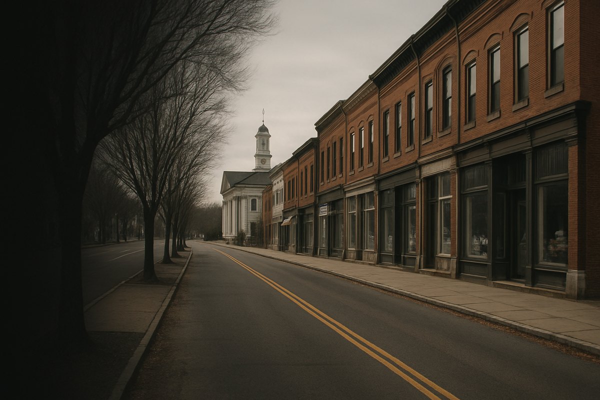 Connecticut main street with brick storefronts and a town hall